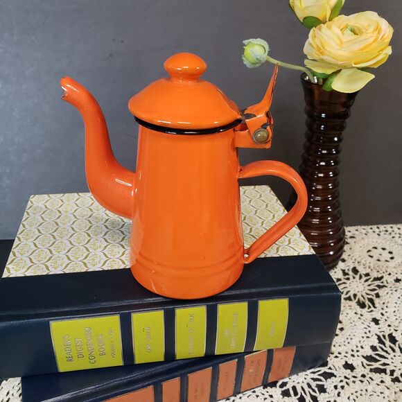 Vintage Italian Enamelware Bassano Orange Enamel Coffee Kettle Pot 5" - Picture 1 of 7